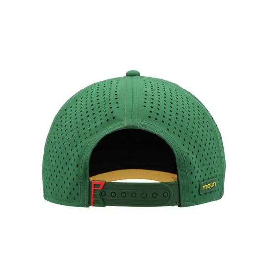 Green baseball cap with a brand logo on a white background