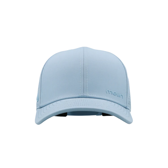 Light blue cap with a brand logo on a white background