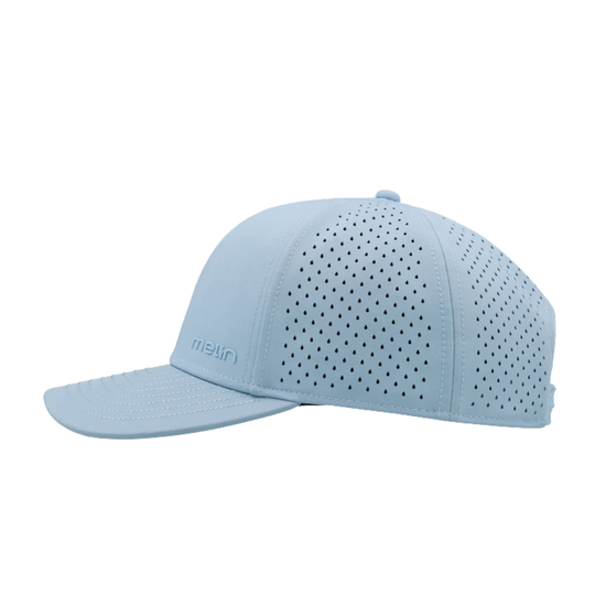 Light blue baseball cap with perforated design on a white background