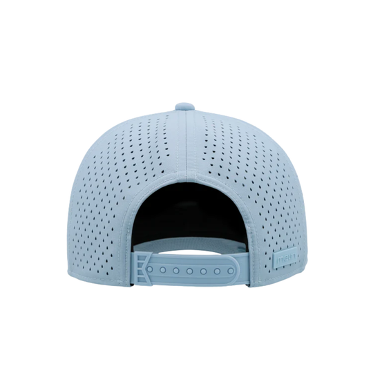 Light blue baseball cap with a mesh back on a white background
