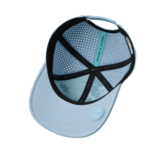 Light blue baseball cap with black mesh back on a white background