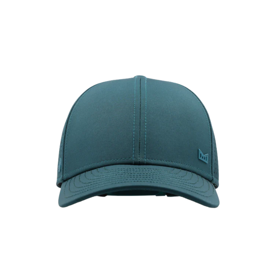 Teal baseball cap with a logo on a white background