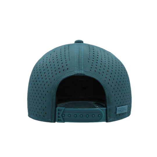 Teal baseball cap with perforated design on a white background
