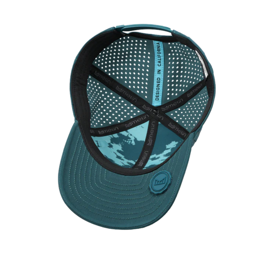 Teal baseball cap with black adjustable strap on a white background