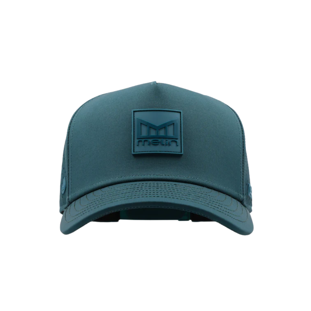 Teal cap with a logo on a white background