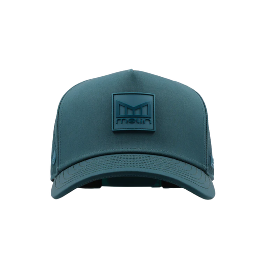 Teal cap with a logo on a white background