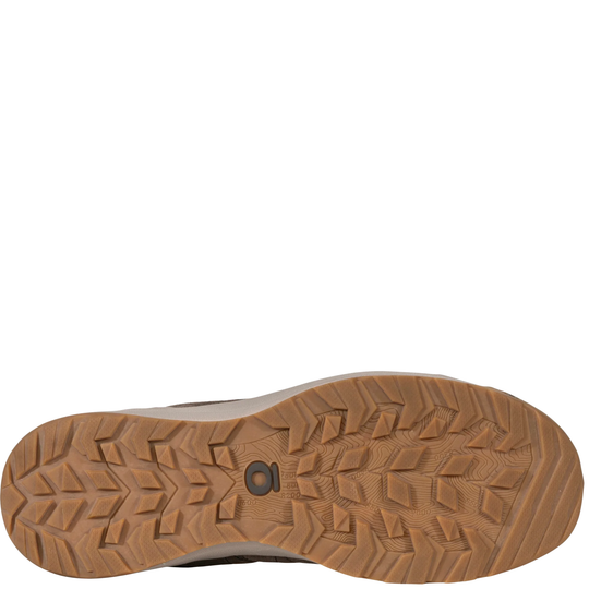 Close-up of a brown shoe sole with tread pattern on a white background