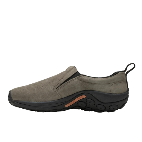 Brown slip-on shoe with black sole on a white background