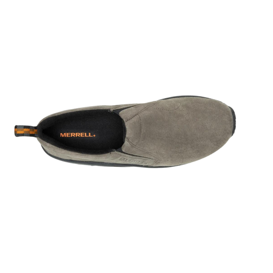 Gray slip-on shoe with black insole on a white background