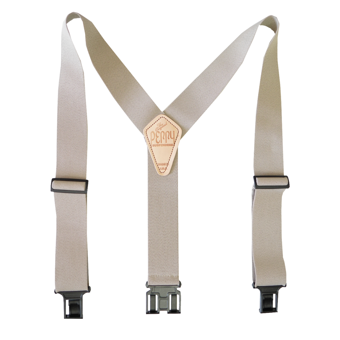 Beige suspenders with leather Perry patch on a white background