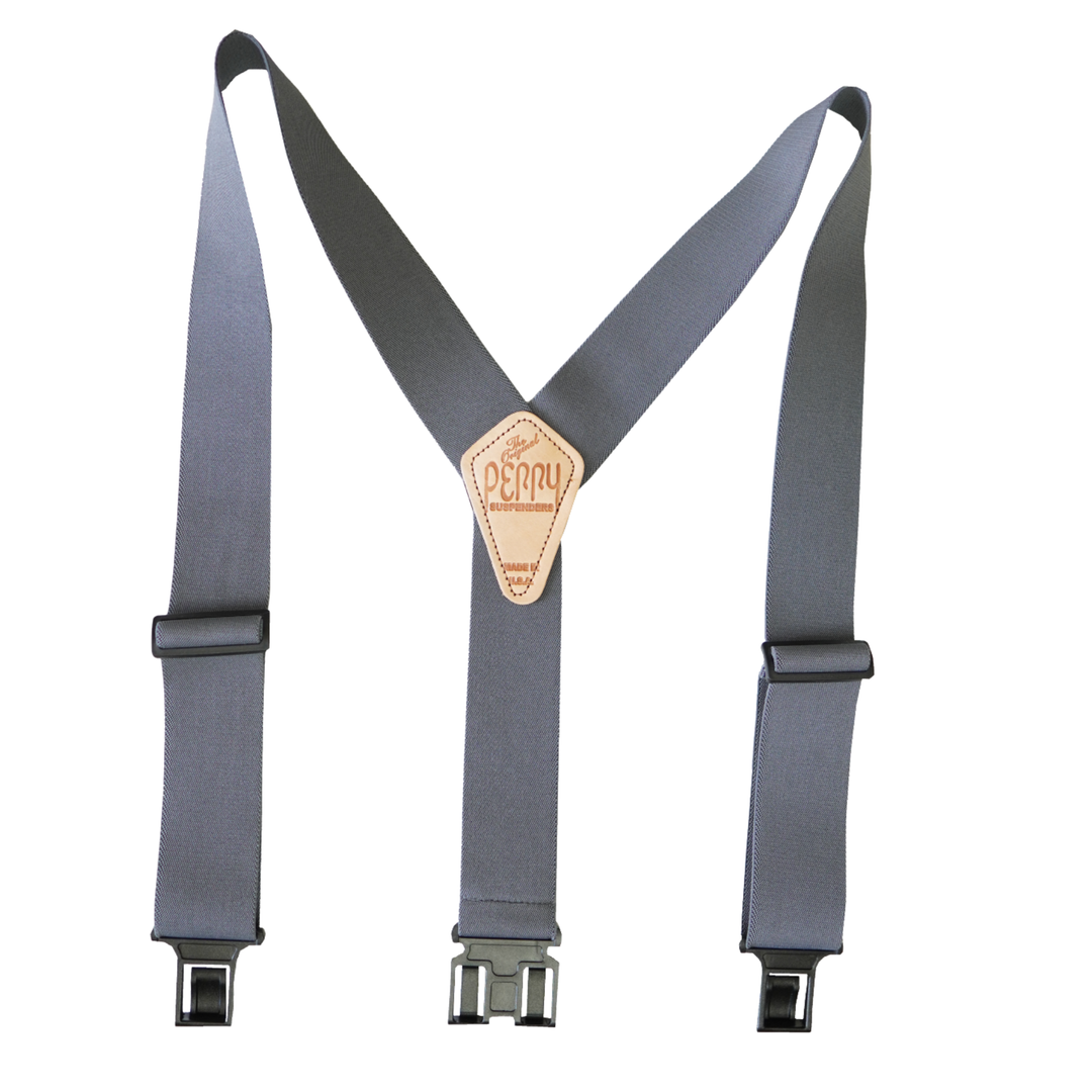 Gray suspenders with a leather patch on a white background