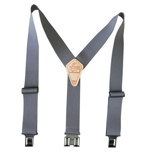 Gray suspenders with a leather patch on a white background