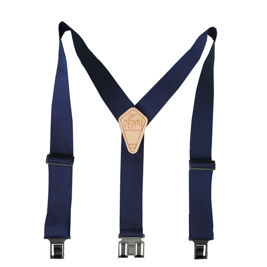 Navy blue suspenders with a leather tag on a white background