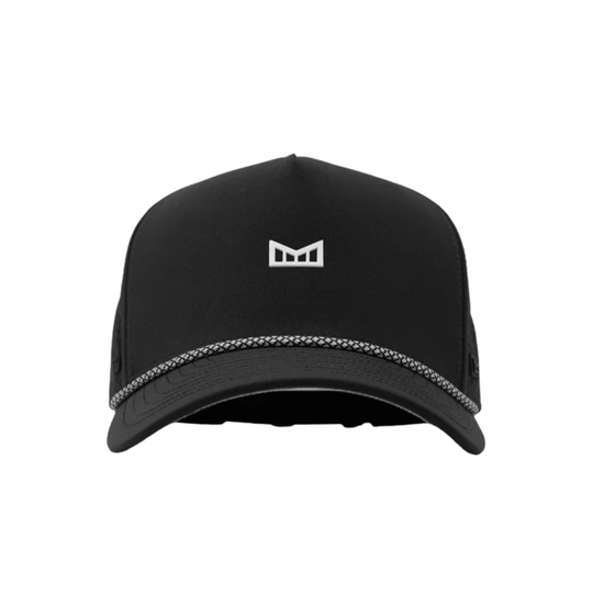 Black cap with a white logo on a white background