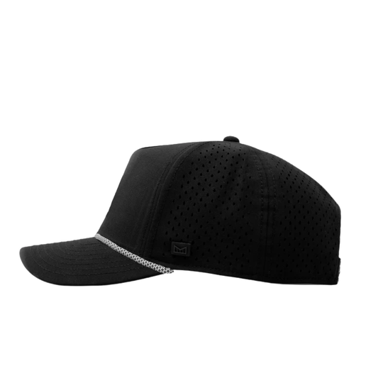 Black cap with a small logo on a white background