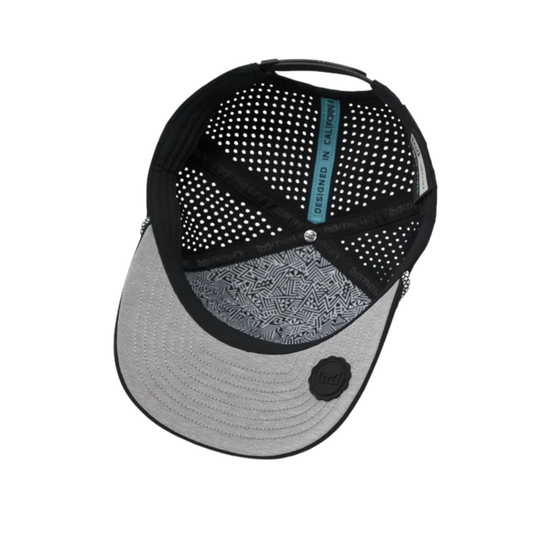 Black and gray cap with geometric pattern on a white background