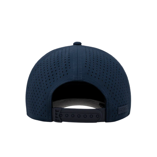 Navy blue cap with perforated design on a white background