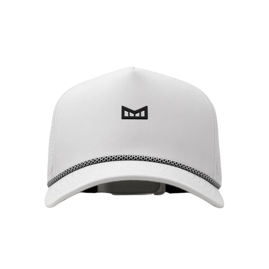 White cap with black logo on a white background