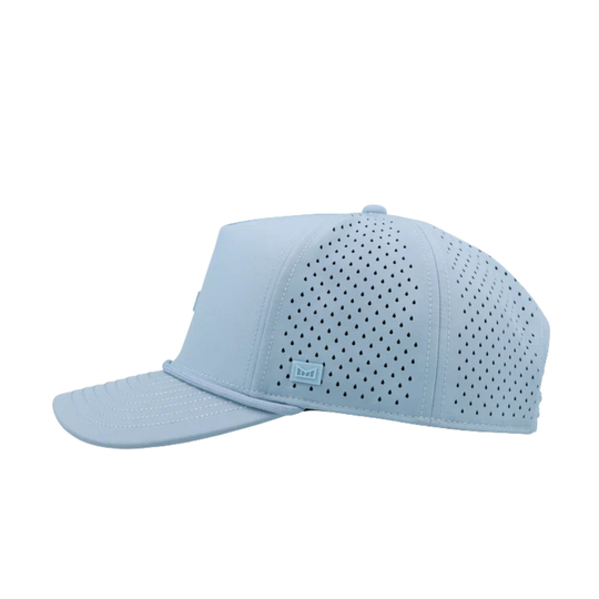Light blue baseball cap with perforated design on a white background
