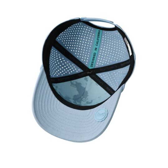Light blue baseball cap with black mesh back on a white background
