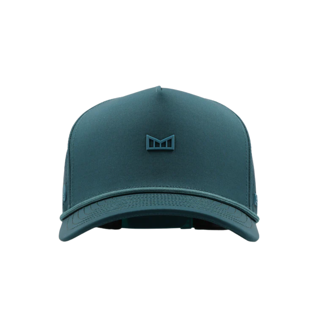 Teal baseball cap with a logo on a white background