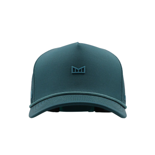 Teal baseball cap with a logo on a white background