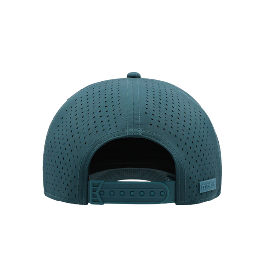 Teal baseball cap with perforated design on a white background