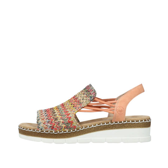 Multicolored woven sandal with a white sole on a white background