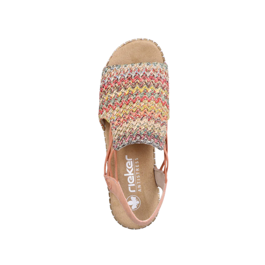Multicolored woven sandal with a brand logo on a white background