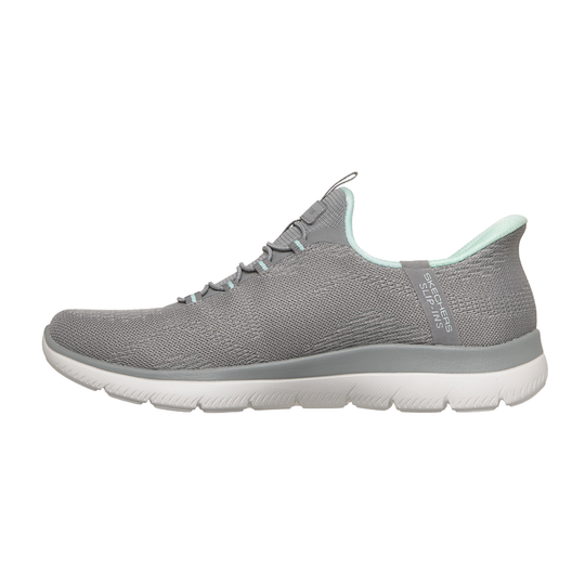 gray running shoe with a white sole on a white background