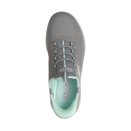 Gray sneaker with teal sole on a white background