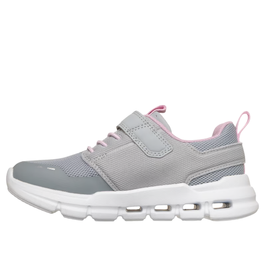 Gray and pink sneaker with white sole on a white background