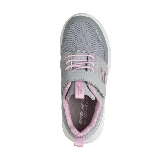 Light gray kids' sneaker with pink laces, a hook-and-loop strap, and a white sole, shown from above