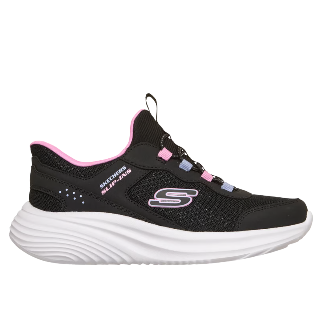 Black low-top sneaker with white platform sole, pink trim, and elastic laces