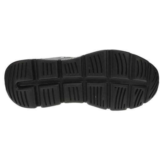 Close-up of a running shoe sole with brand logo on a white background