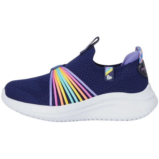 Navy slip-on sneaker with colorful rainbow design on a white background