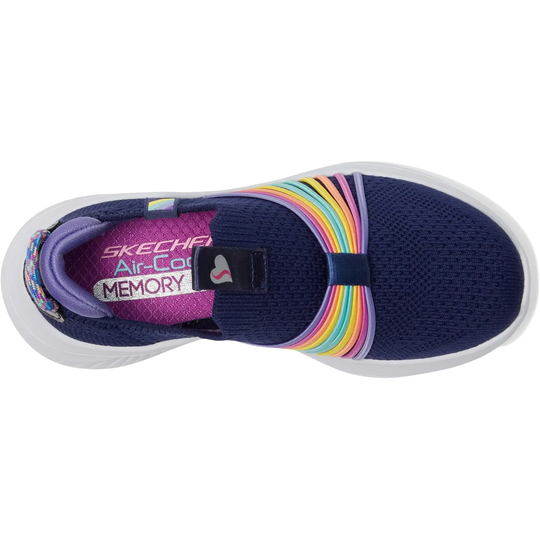 Navy sandal with colorful strap and Skechers logo on a white background