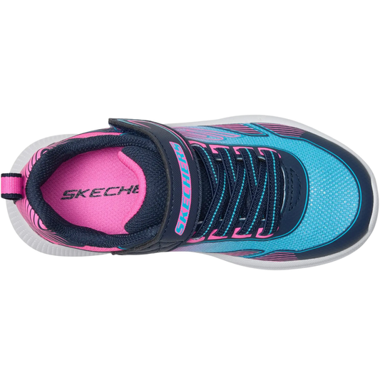 Pink, navy, and turquoise kids' sneaker with bungee laces and Skechers branding on the tongue and insole
