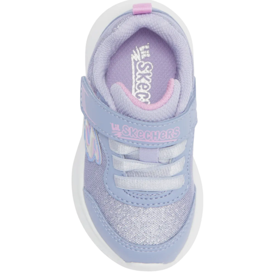 Lavender and light blue kids' sneaker with white laces and pink Skechers branding