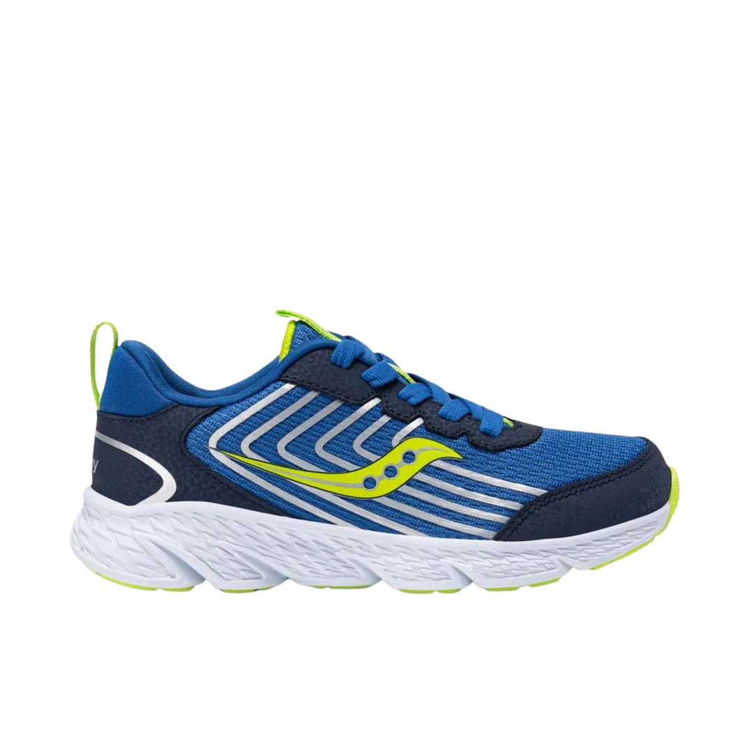 Blue and navy running shoe with white sole on a white background