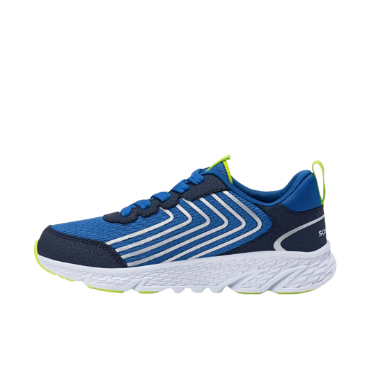 Blue running shoe with white sole on a white background