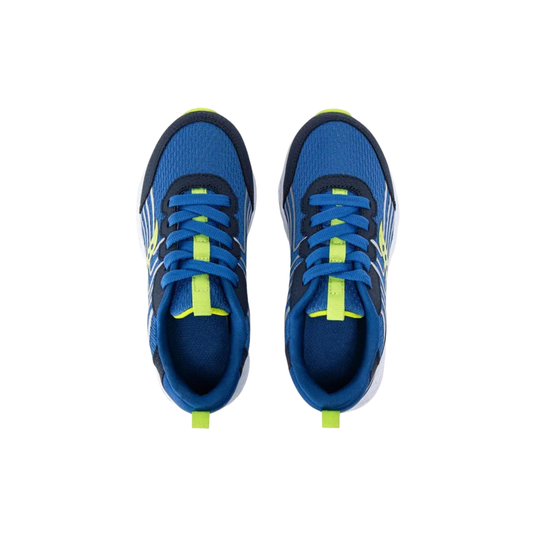 Blue athletic shoes with neon green accents on a white background