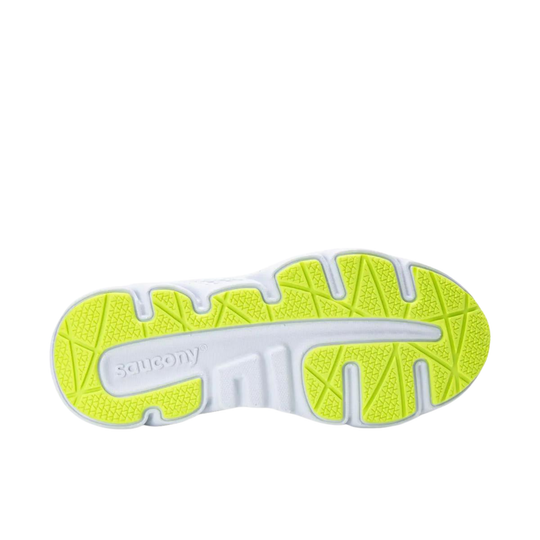 White shoe sole with neon yellow tread and Saucony branding
