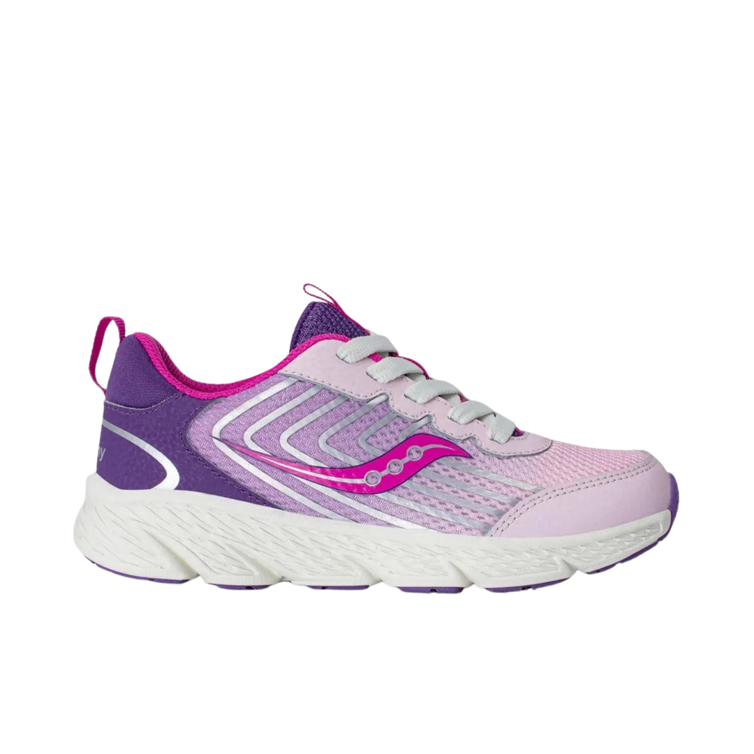 Purple and pink running shoe on a white background