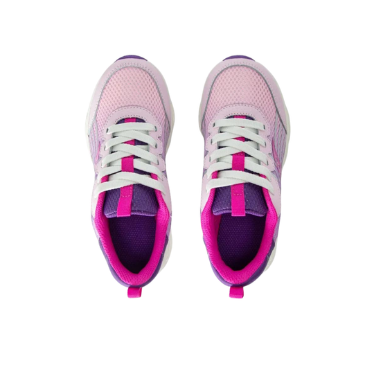 Pink and purple athletic shoes on a white background