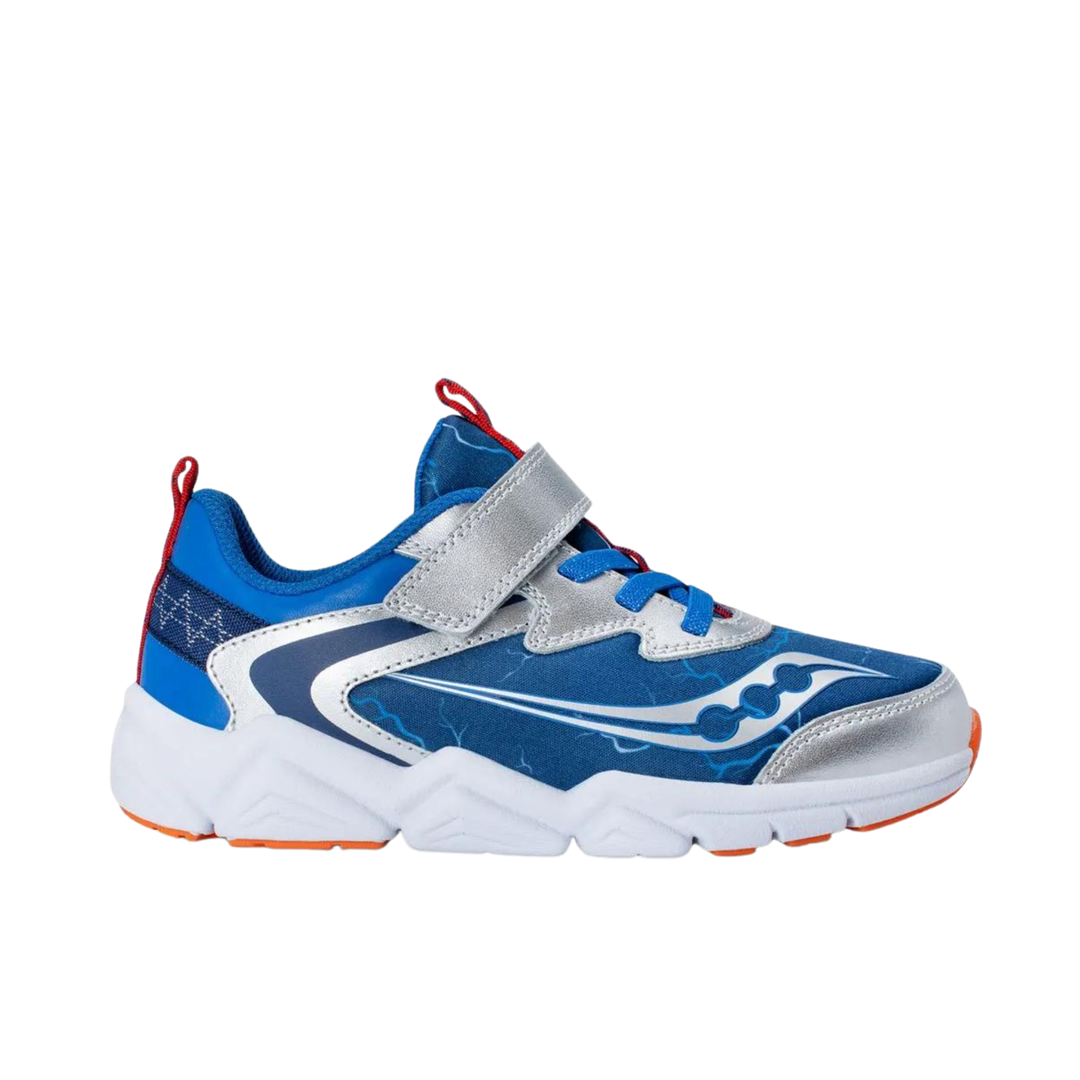 Blue and gray sneaker with red accents on a white background