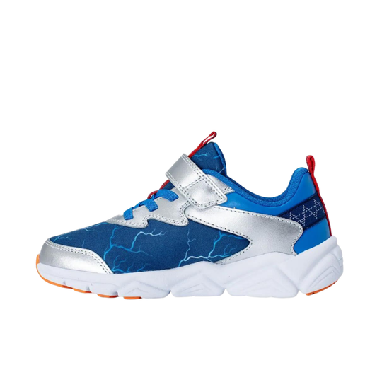 Blue and white sneaker with red accents on a white background