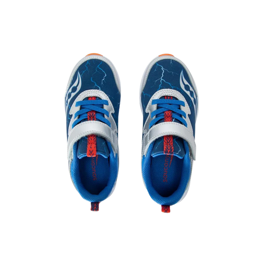 Pair of blue and white sneakers with red accents on a white background