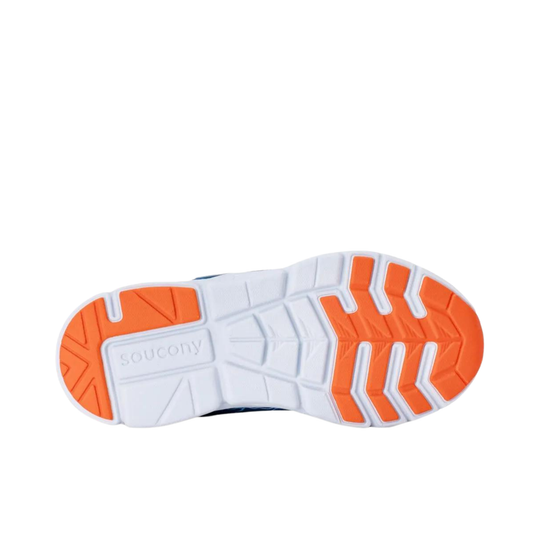 Sole of a shoe with orange and white design on a white background