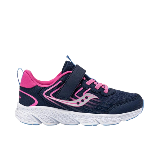 Navy and pink running shoe with a white sole on a white background